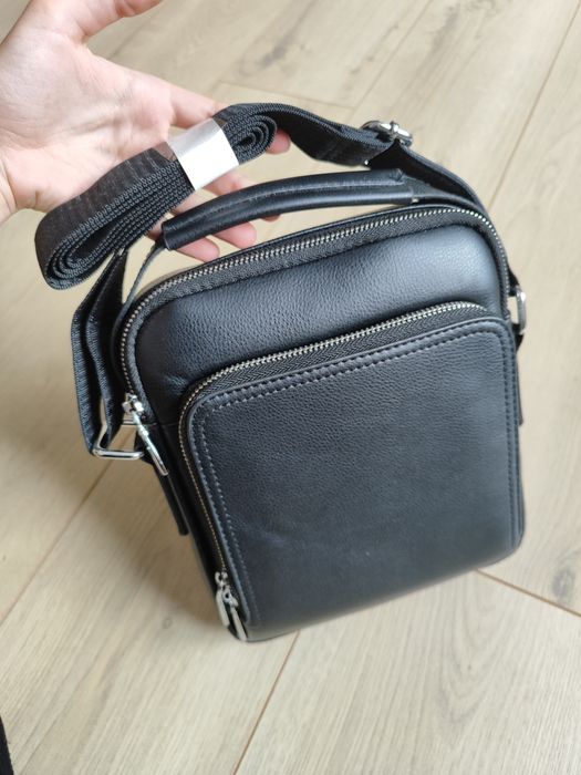 Чорна шкіряна чоловіча сумка JINBAILILAI через плече