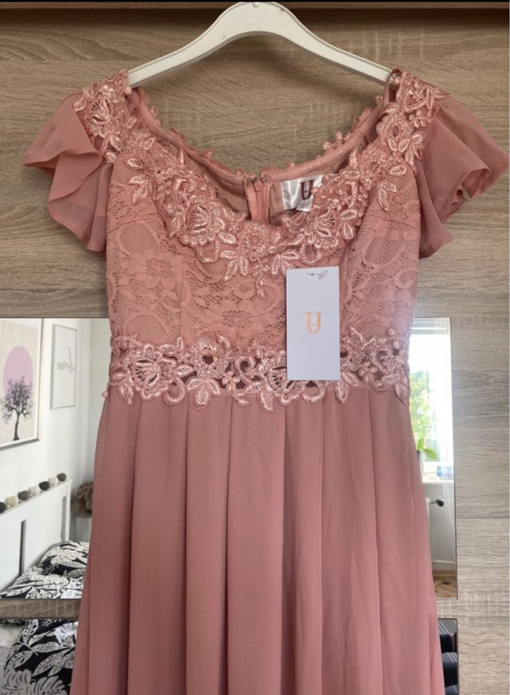 nowa sukienka długa maxi suknia balowa Unique różowa pink pudrowy róż