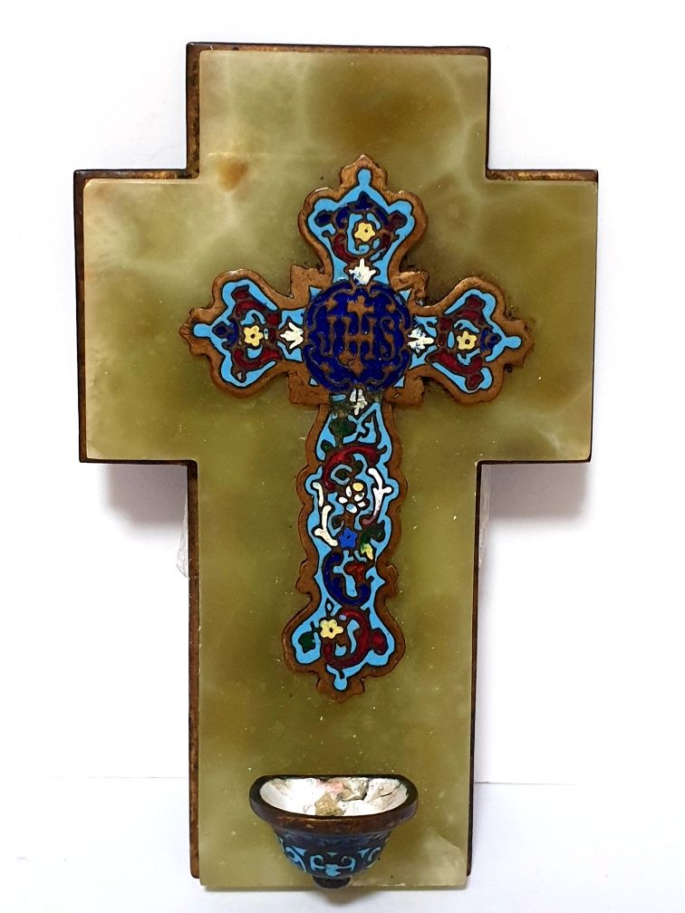 Antigo Crucifixo de Água Benta em mármore e cloisonné