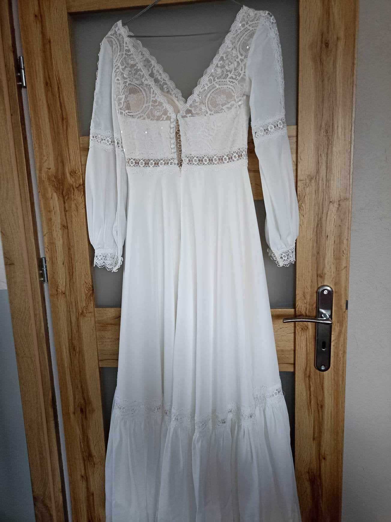Suknia ślubna długi rękaw boho rustykalna elegancka 34/XS na niską os.