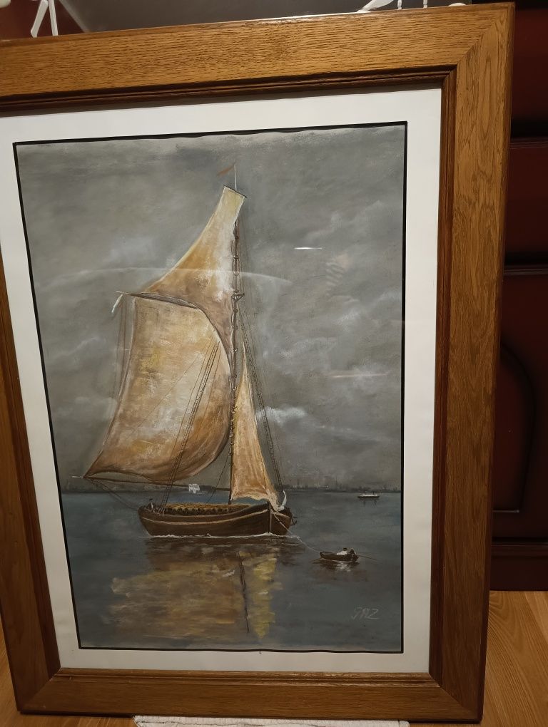 Obraz duży w ramie łódka 85 x 63 cm ręcznie malowany