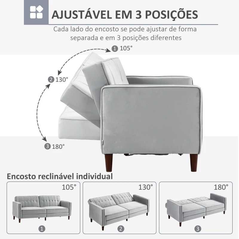 Sofá de 2 Lugares Convertível Sala 189x80,5x78,5 cm Cinza Prata