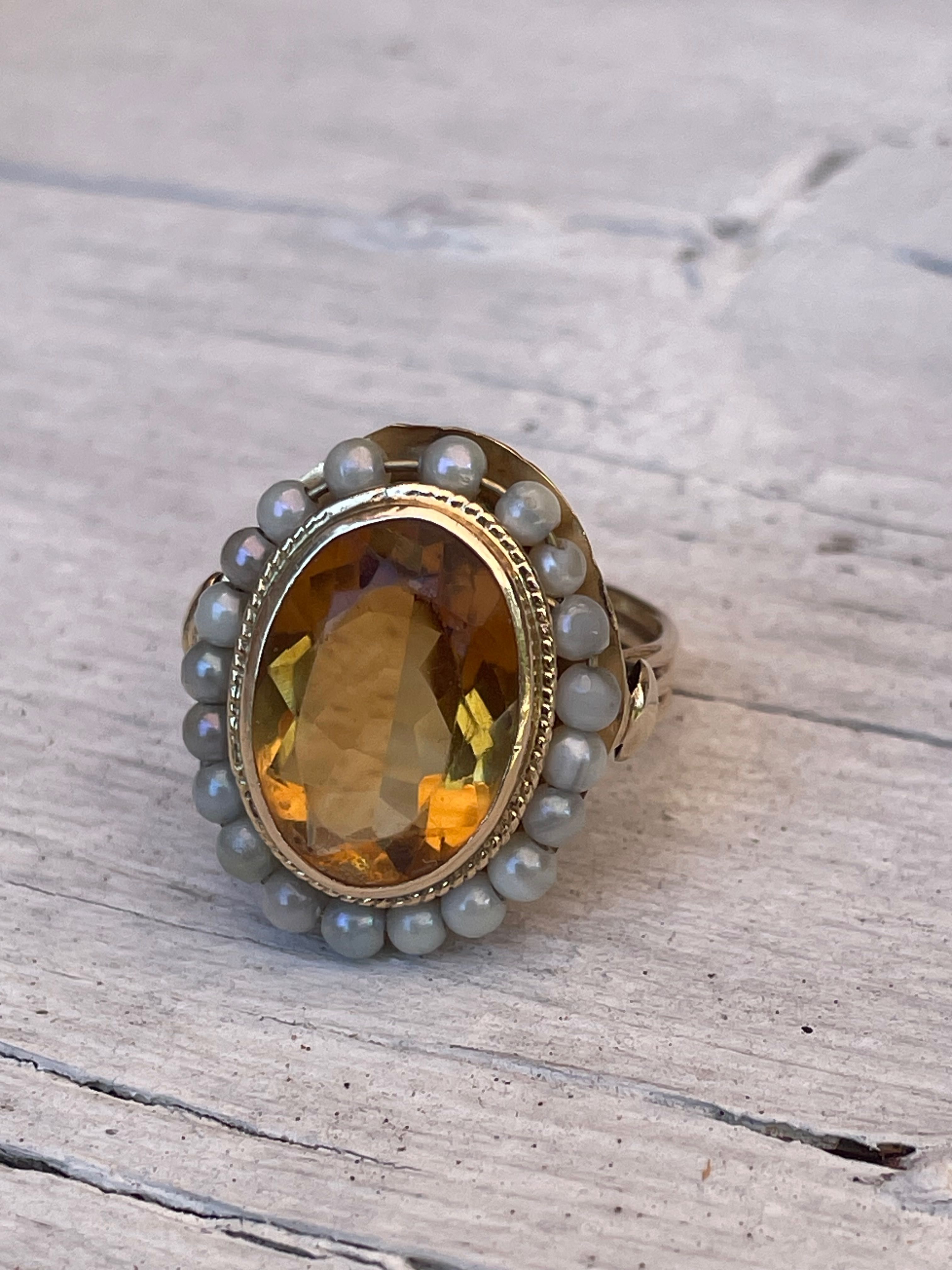 Złoty pierścionek z cytrynem i perłami złoto 14k
