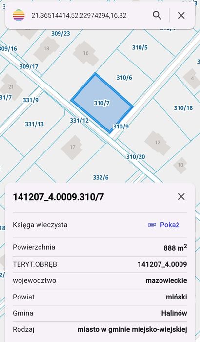 Działka budowlana 888 m2, 1,8 km do PKP Halinów (05-074), media