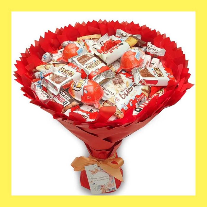 Słodki bukiet ze słodyczami Kinder. Prezent na Urodziny, Komunia