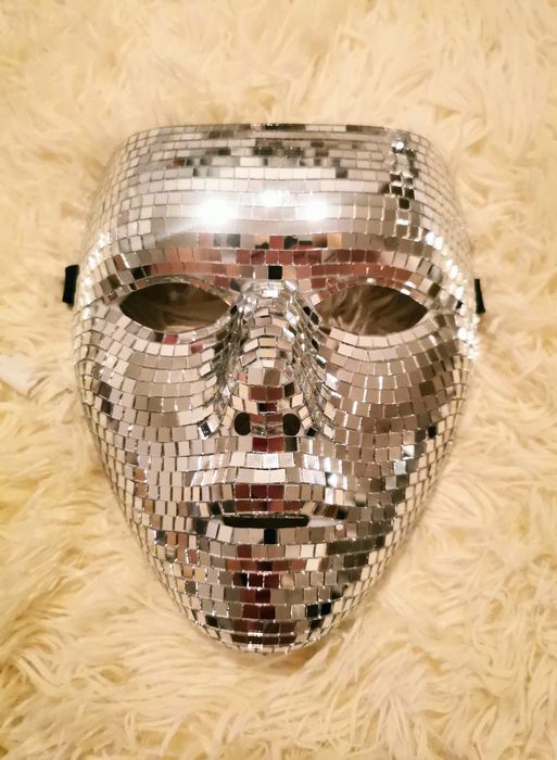 Maska Disco Lustrzana, srebrna, pełnotwarzowa. Halloween, karnawał