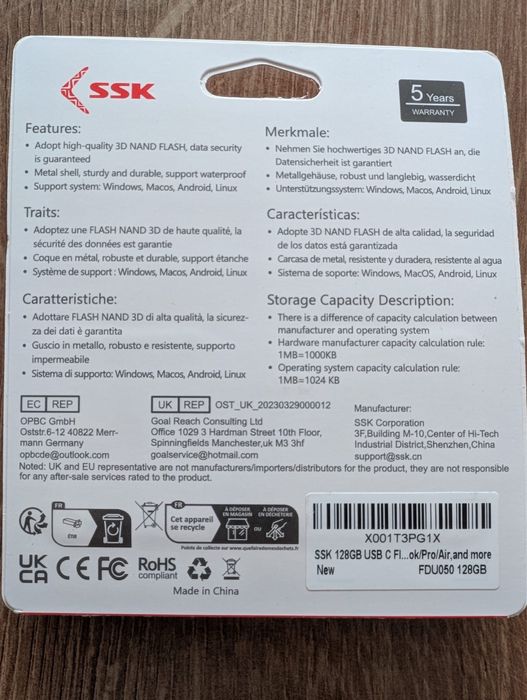 SSK Pamięć USB 128 GB USB 3.2, metalowa pamięć USB, Dual USB,