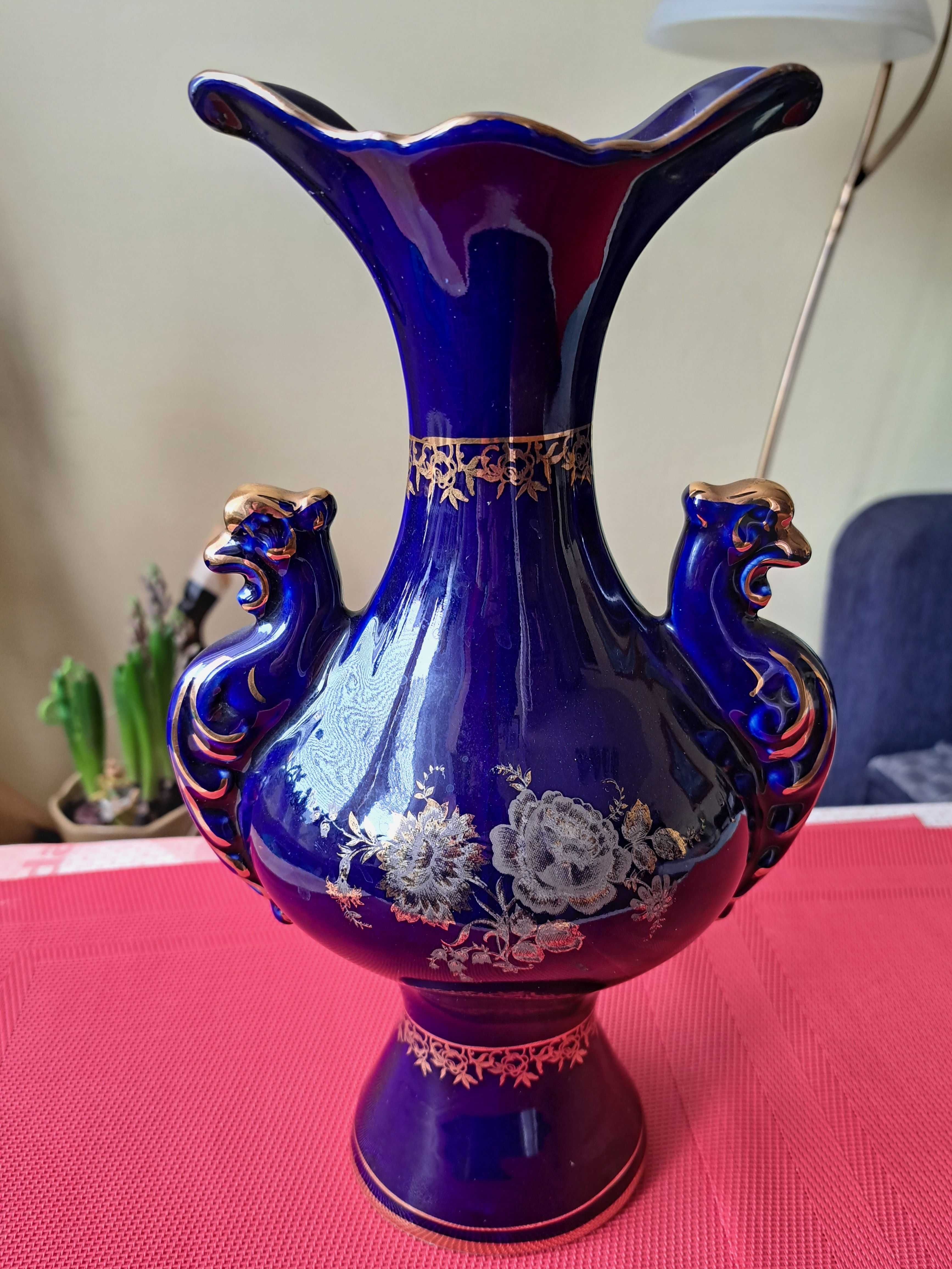 Piękny stary ceramiczny kobaltowy wazon 31 cm PRL