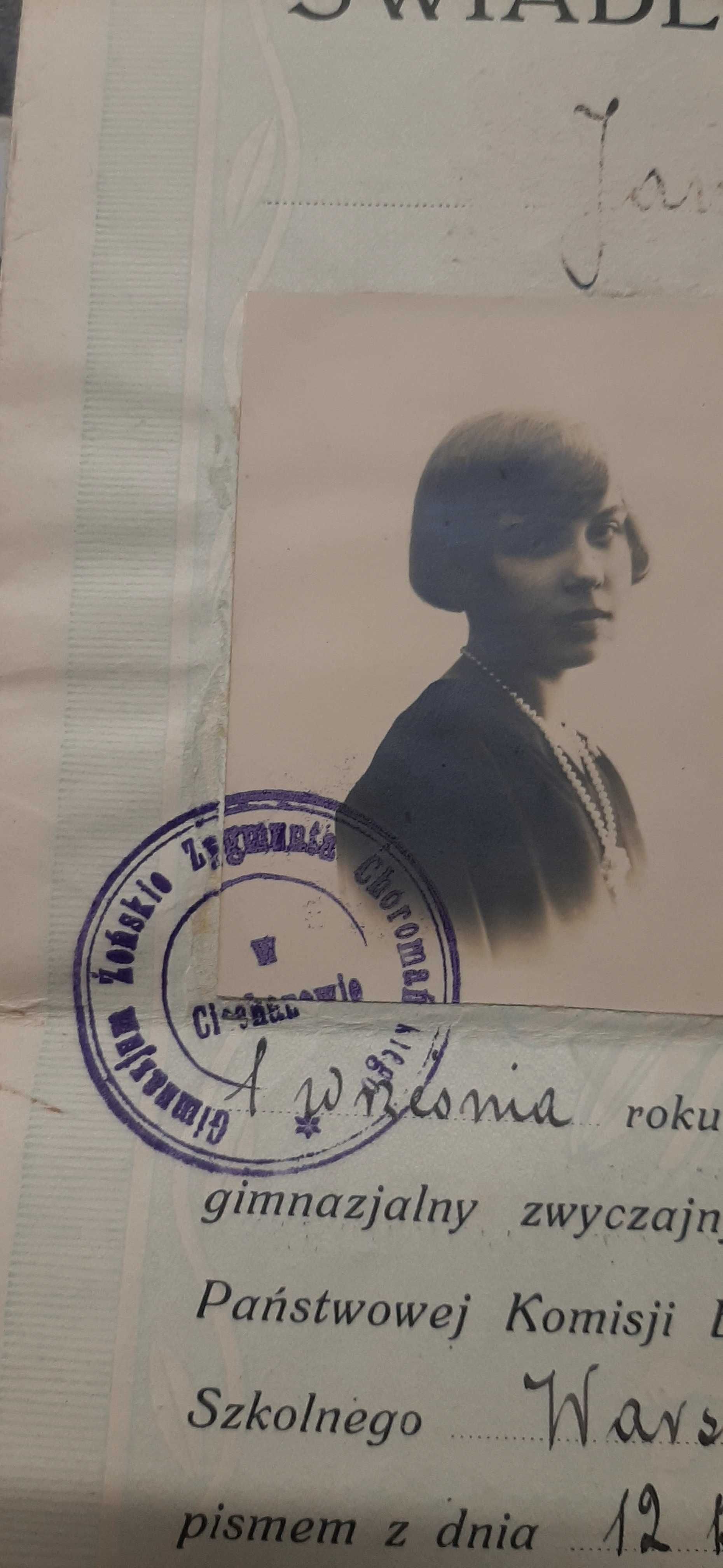 Świadectwo dojrzałości  1929r Ciechanów