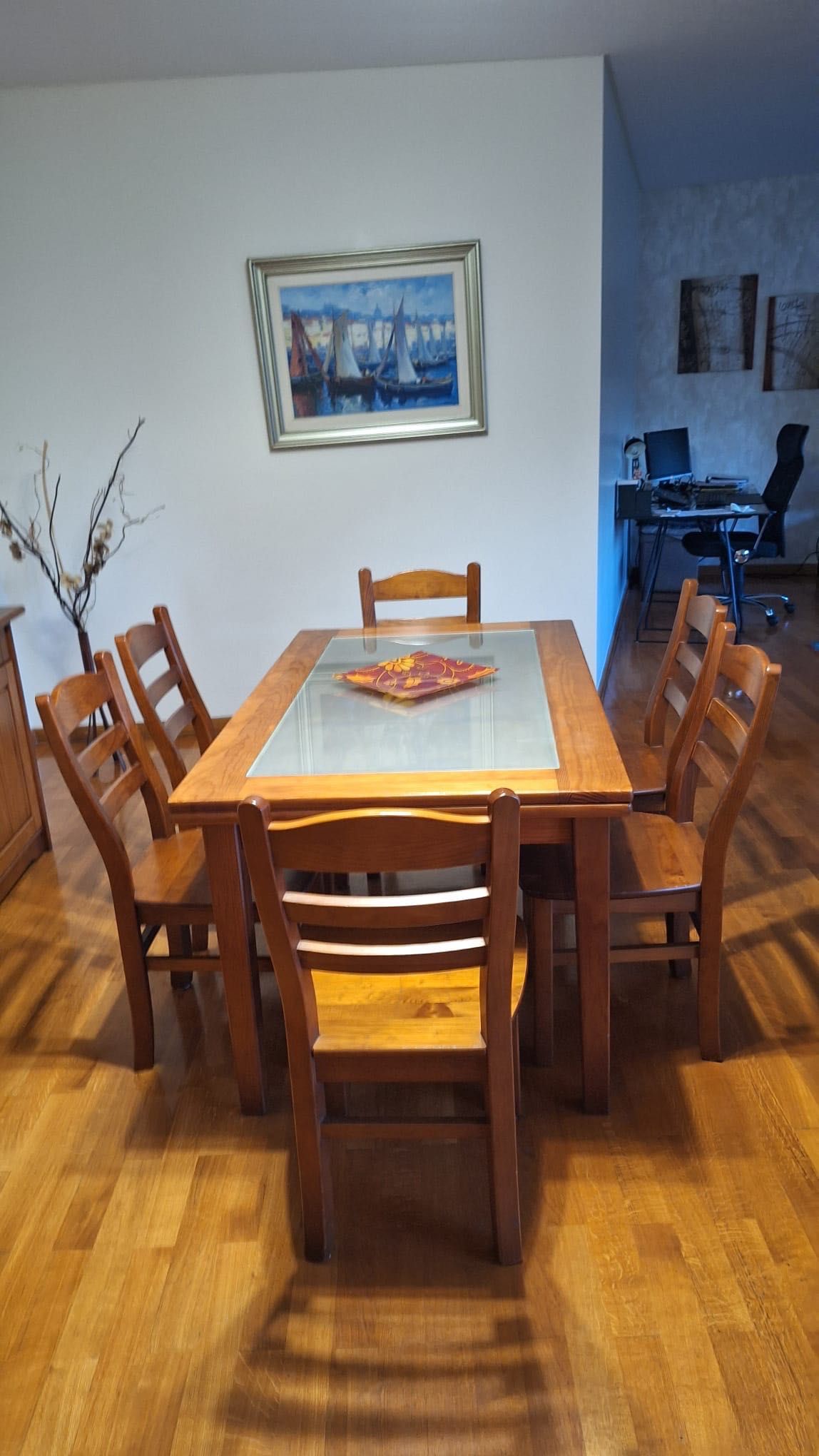 Mesa pinho mel extensível + 6 cadeiras