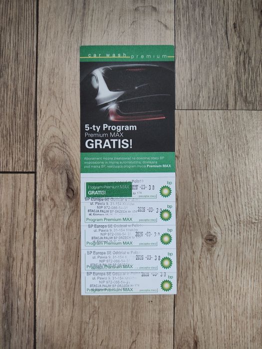 Karnet na myjnię BP - 5x Program Premium MAX