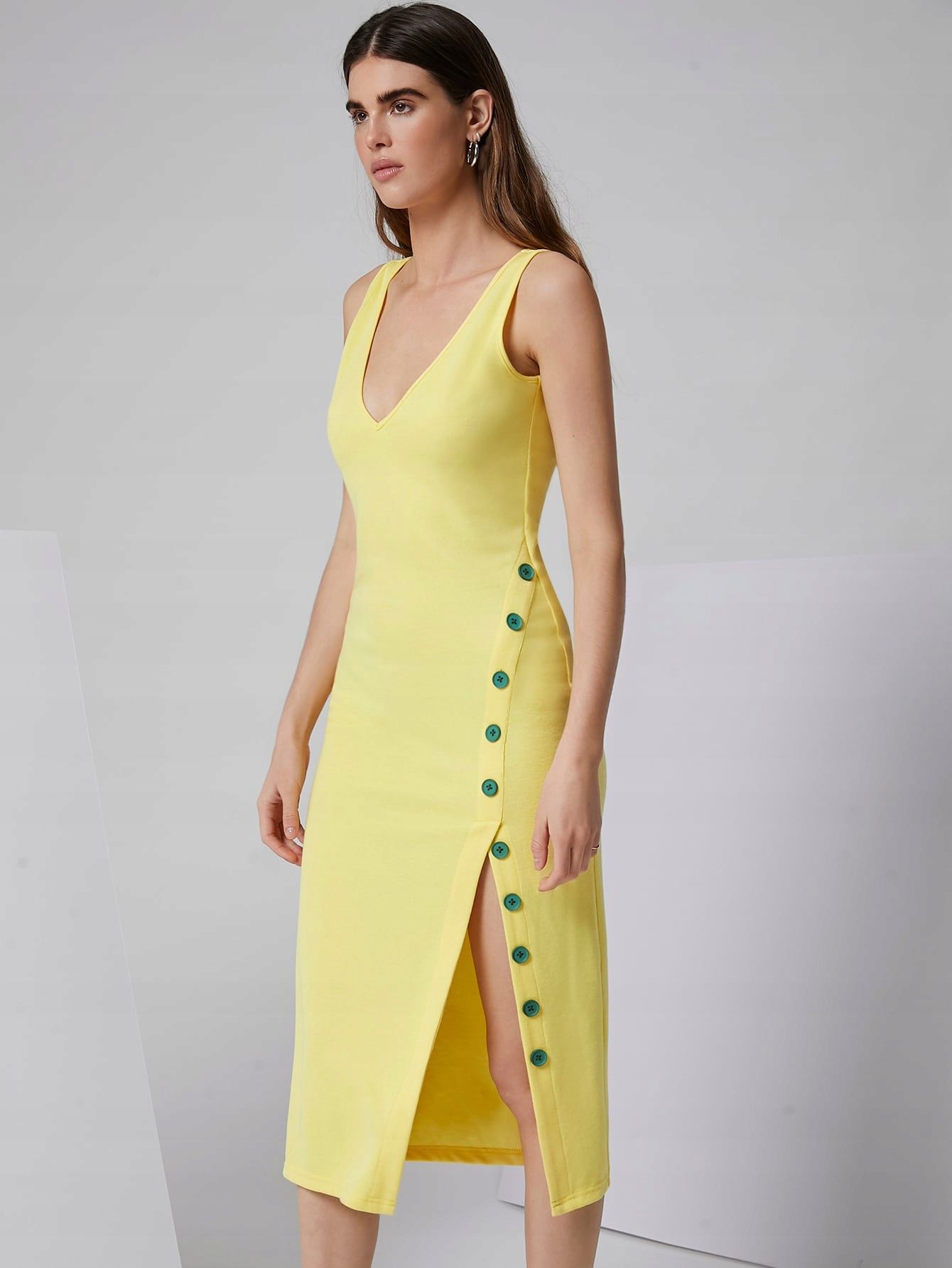 Sukienka Midi Sexy Obcisła Z Rozcięciem Żółta L 40