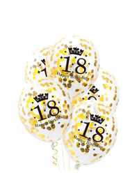 Balony ze ZŁOTYM konfetti na 18 URODZINY 30cm 5szt Pompowanie HeLem