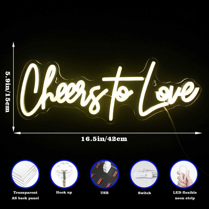 Letreiro Luminoso Néon LED em Acrílico " Cheers to Love "