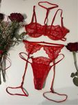 Komplet bielizny koronkowa seksi czerwona pas choker podwiązki