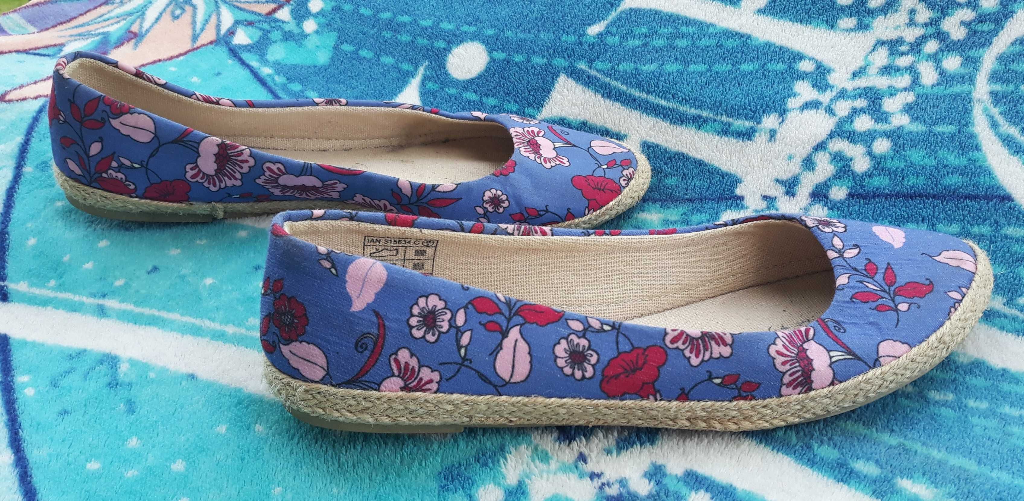 Niebieskie baleriny balerinki espadryle 38 24,5cm w kwiaty Esmara