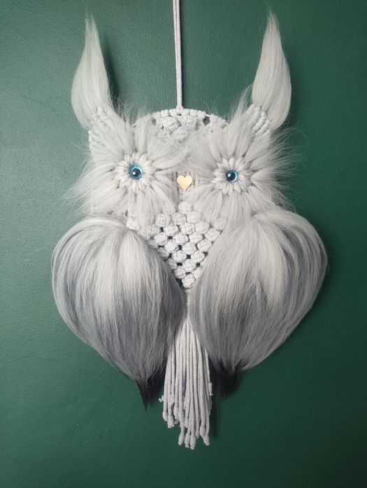 Sowa makrama rękodzieło szara