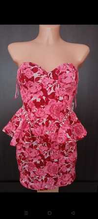 Mini sukienka w róże z baskinką bez ramiączek nowa z metką Zara XS S