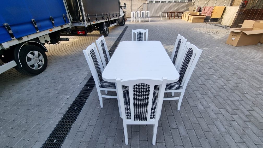 Nowe: Stół 80x140/180 + 6 krzeseł, biały + pepitka, dostawa cała PL