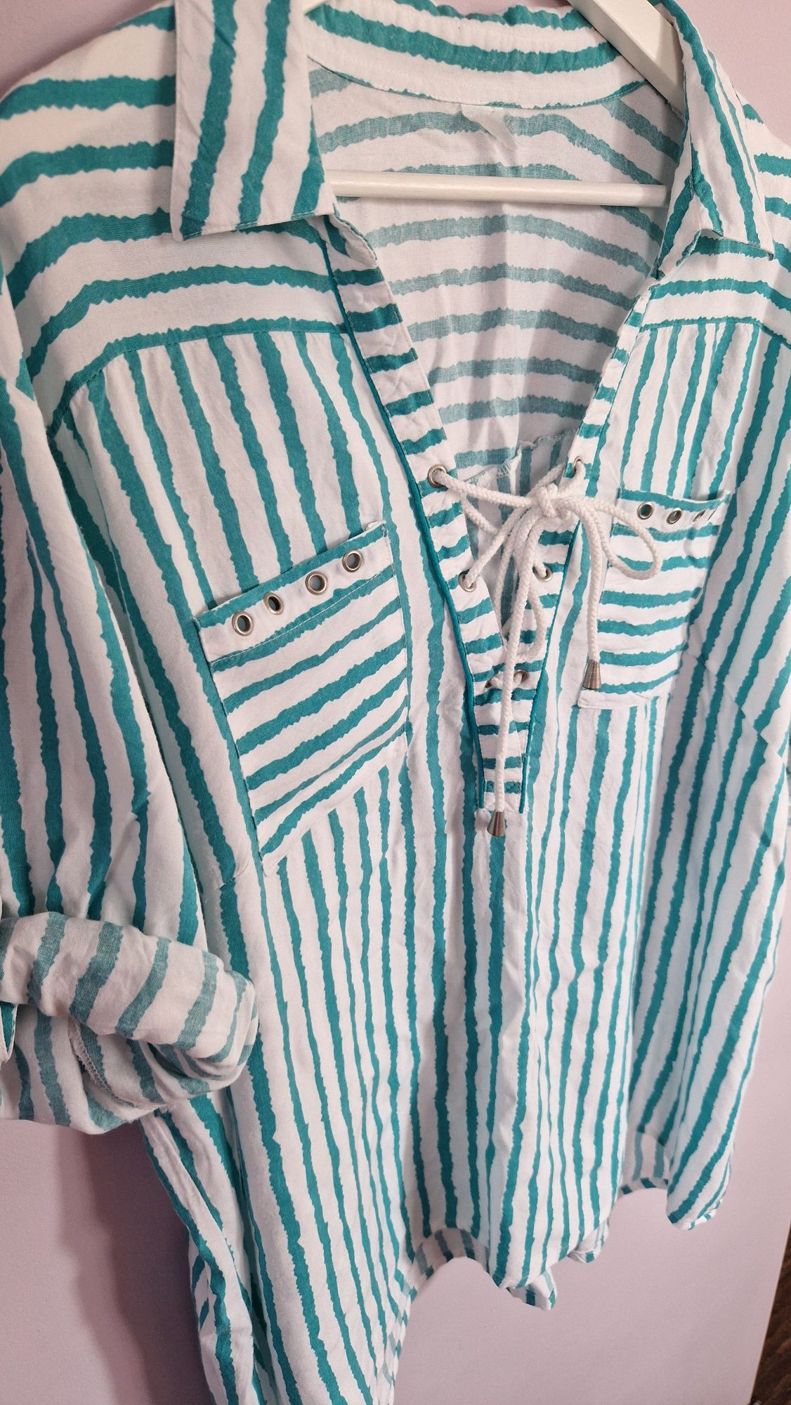 Bluzka w paski w stylu marynarskim podwijane rękawy plus size XL-4XL