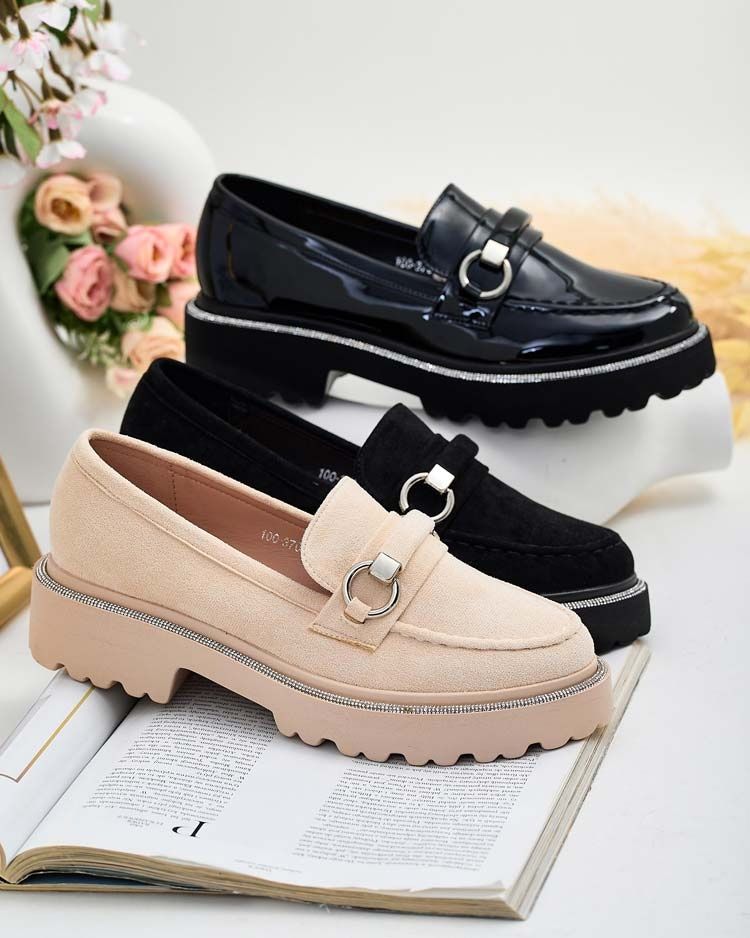 LAKIER I ZAMSZ 36 37 38 Mokasyny 39 40 41 z cyrkoniami lakierowane