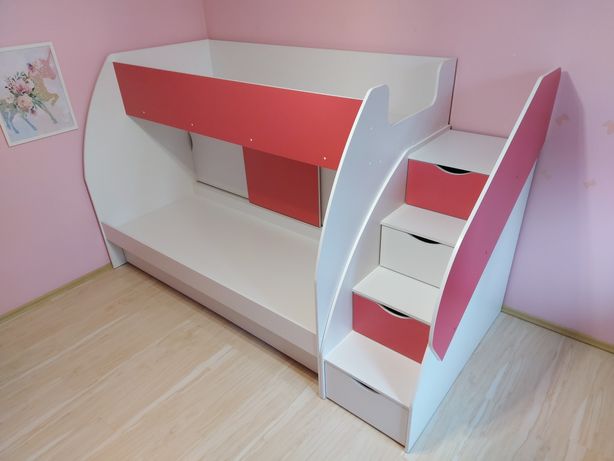 Łóżko piętrowe dziecięce Idczak BEZ SCHODÓW meble biało różowe