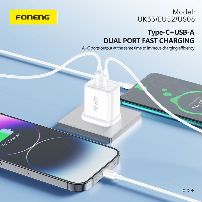 Foneng Ładowarka Sieciowa Eu52 - Usb + Typ C - Qc 3.0 Pd 30W Biała