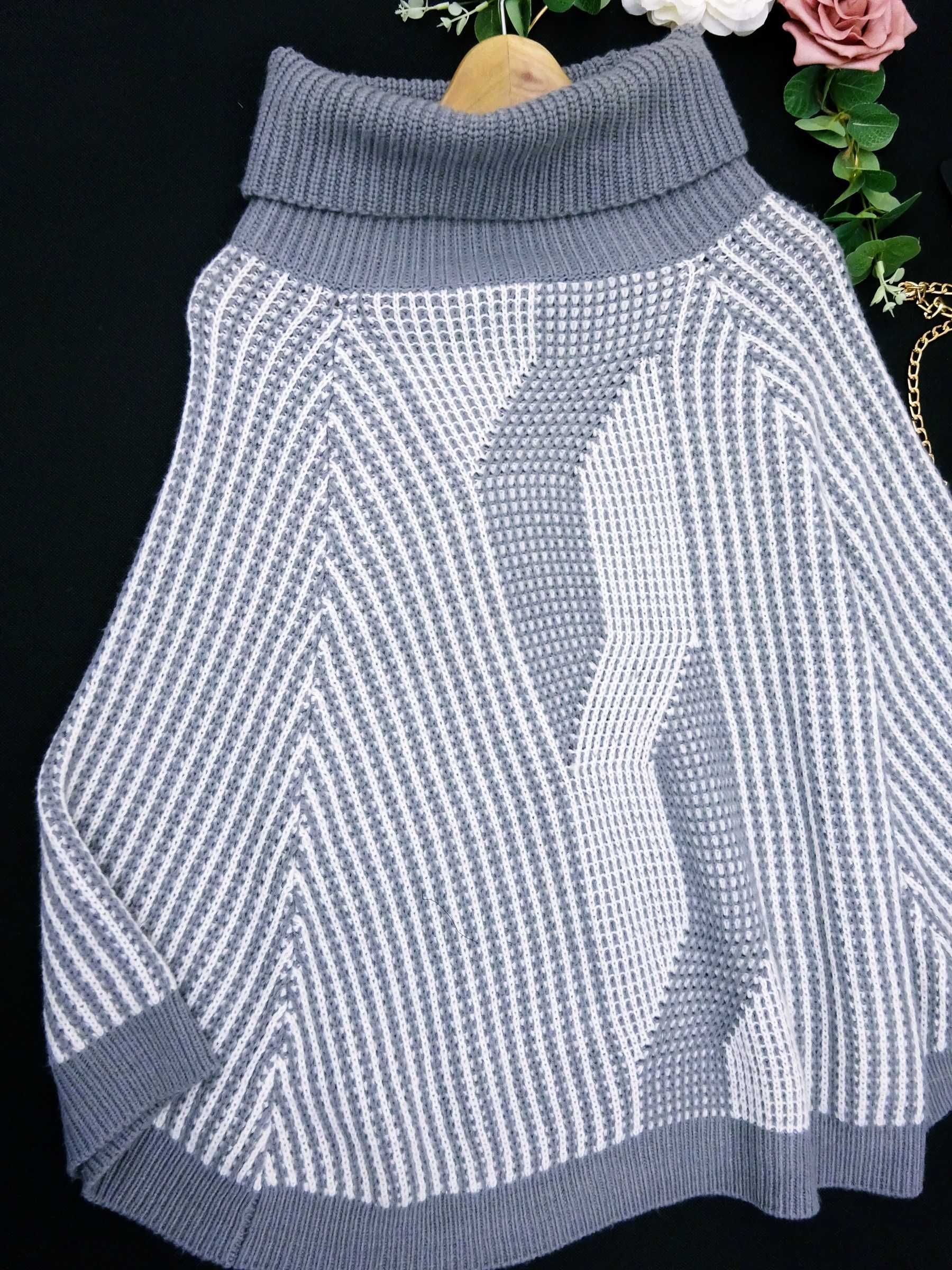 AP83 Ponczo damskie sweter pleciony golf narzutka S 36 M 38