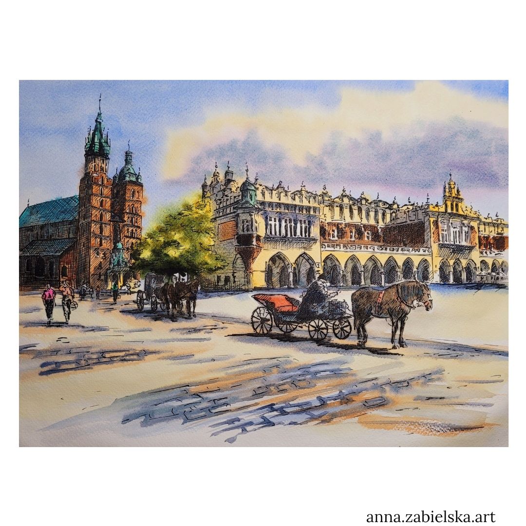 Pejzaż miejski Kraków 24x33 cm tusz I akwarela, prezent, architektura