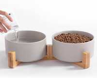 Ceramiczna podwójna miska dla psa, z bambusowym stojakiem, 850 ml