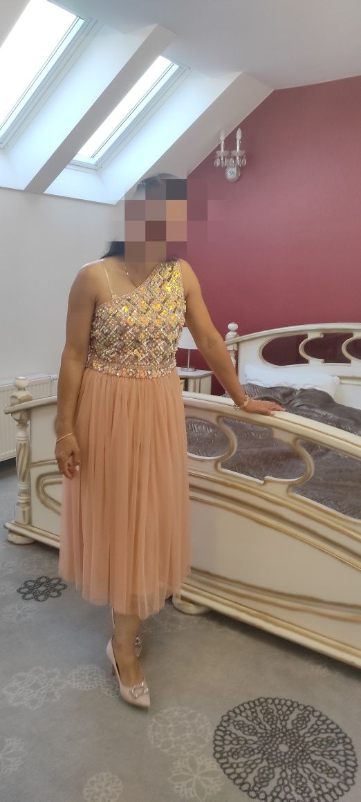 Sukienka cekiny tiul ASOS na jedno ramię M/L