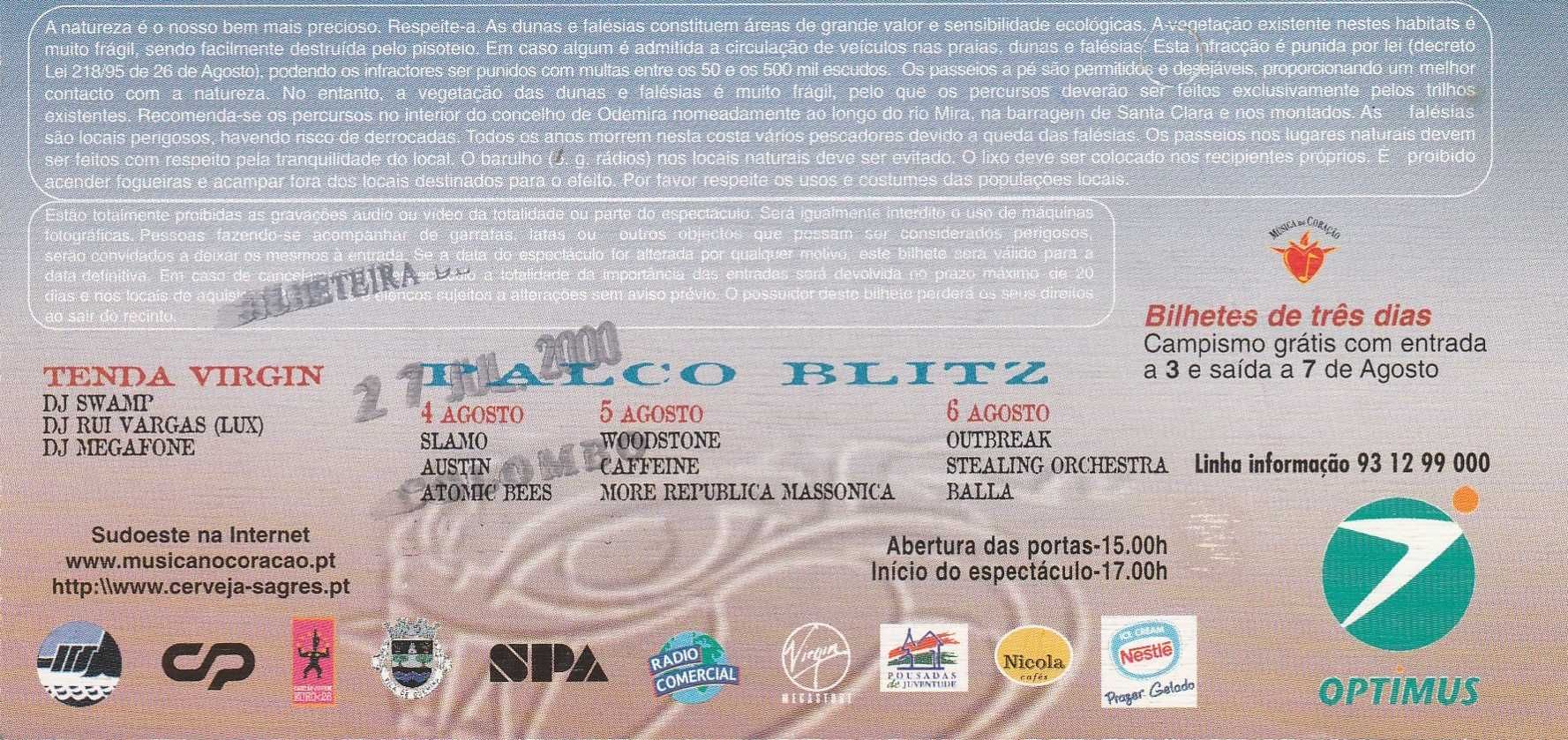 Bilhete Festival Sudoeste 2000 - para Colecionadores/For Collectors