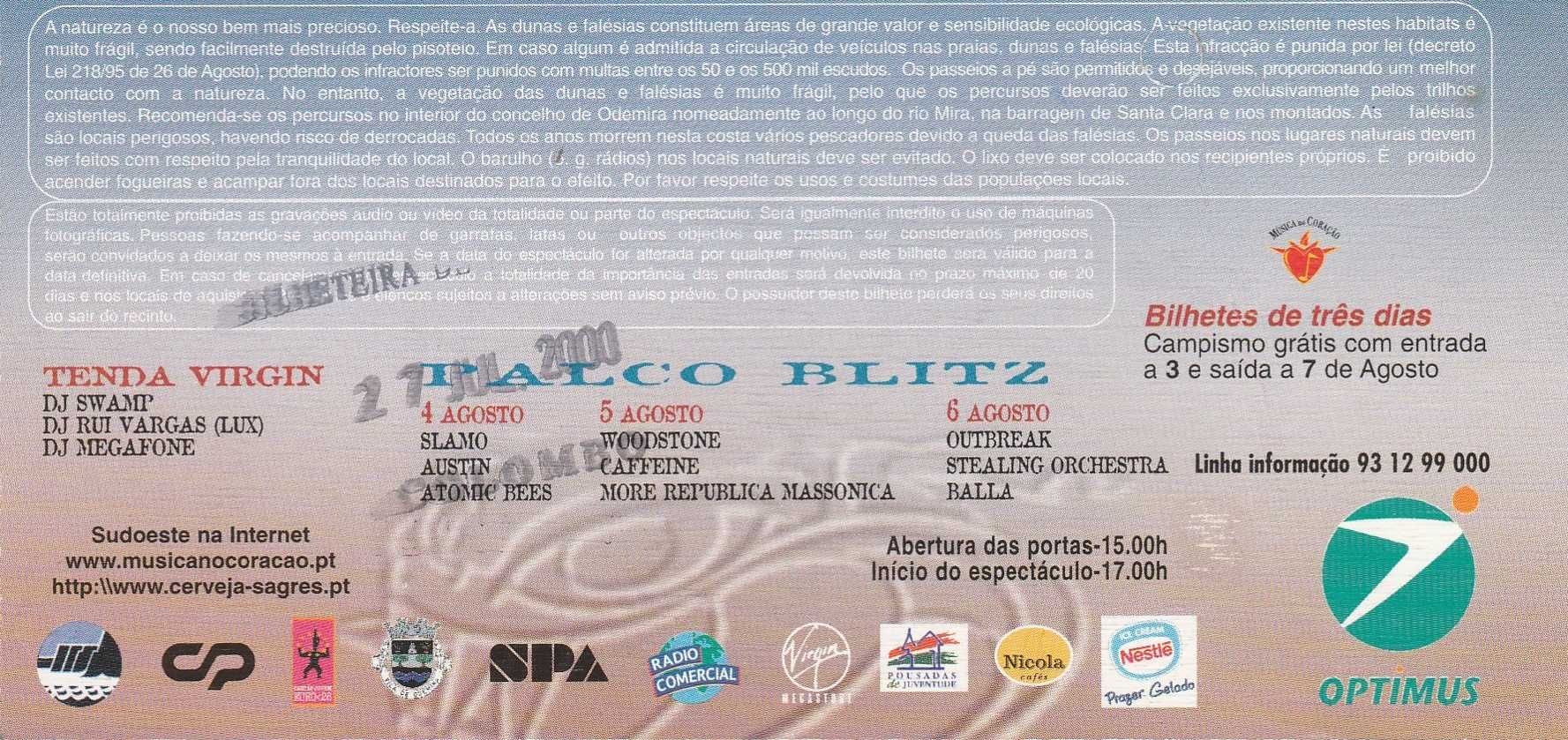 Bilhete Festival Sudoeste 2000 - para Colecionadores/For Collectors