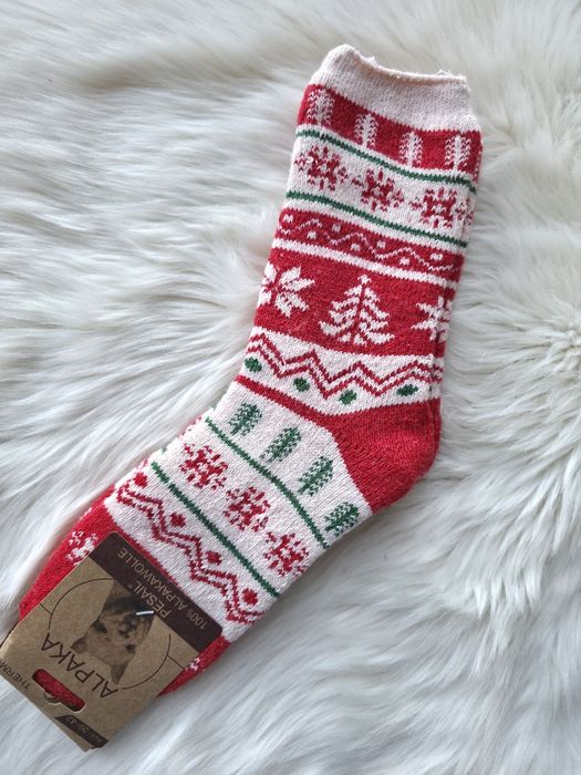 Alpakowe skarpety świąteczne wełniane czerwono białe 39-42