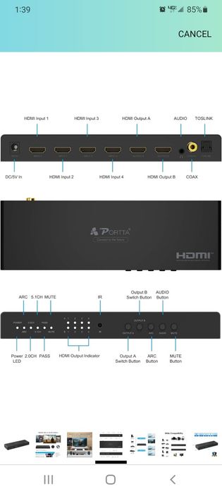 PORTTA HDMI Matrix 4x2, 4 In 2 Out 4K HDMI Matrix Switch Splitter with