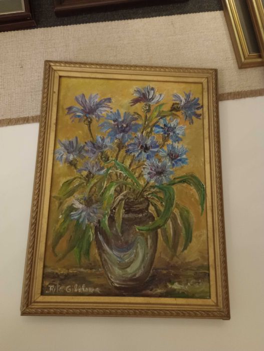 Obrazki, botaniczny akwarela, chabry, olej na płótnie, złota ramka.