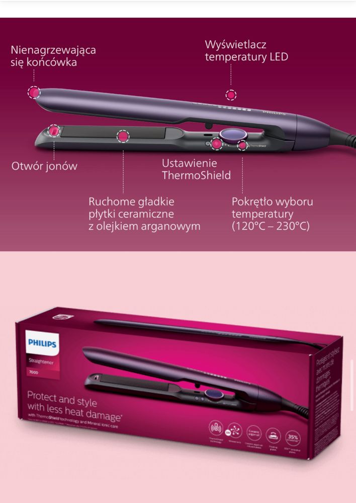 Fioletowa prostownica Philips BHS752/00 Jonizacja