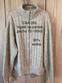 Canda C&A 3XL  męski sweter kardigan kremowy beżowy na zamek 30% wełna