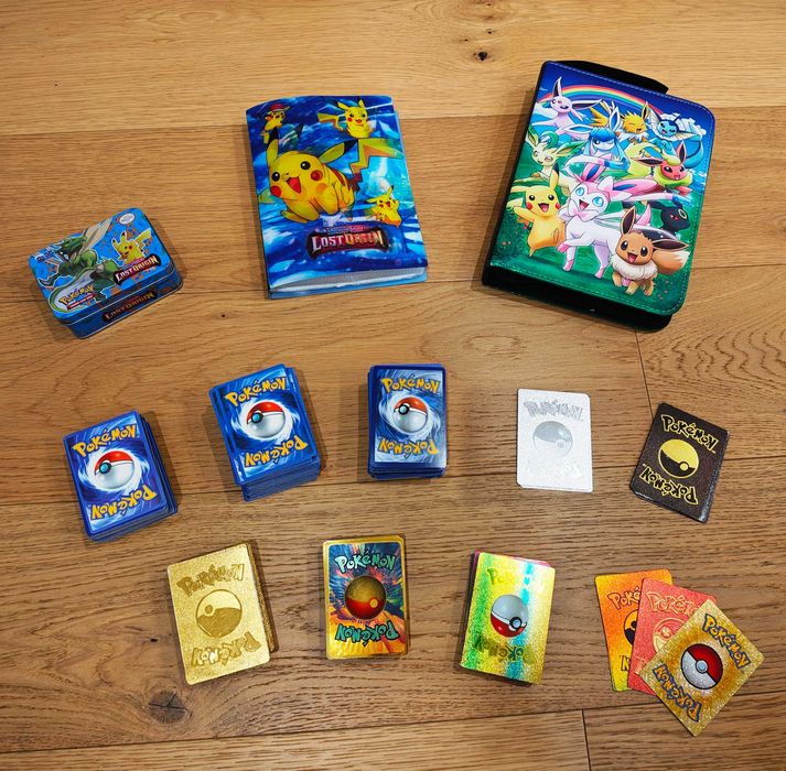 Zestaw kart Pokemon + albumy + puszka