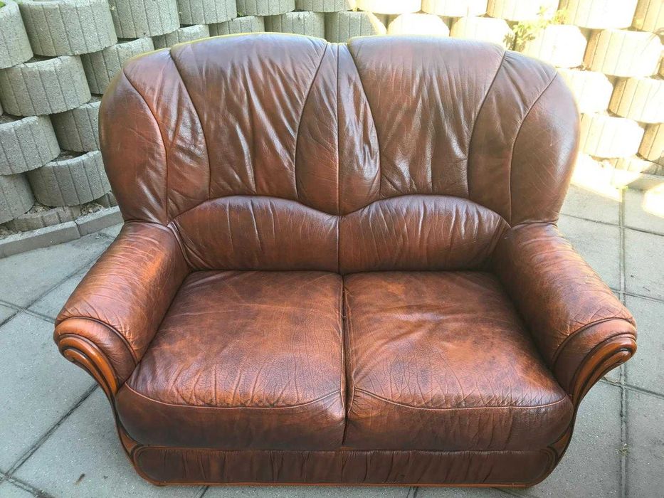 Zestaw mebli wypoczynkowych 3+2+1 – skóra naturalna, drewno