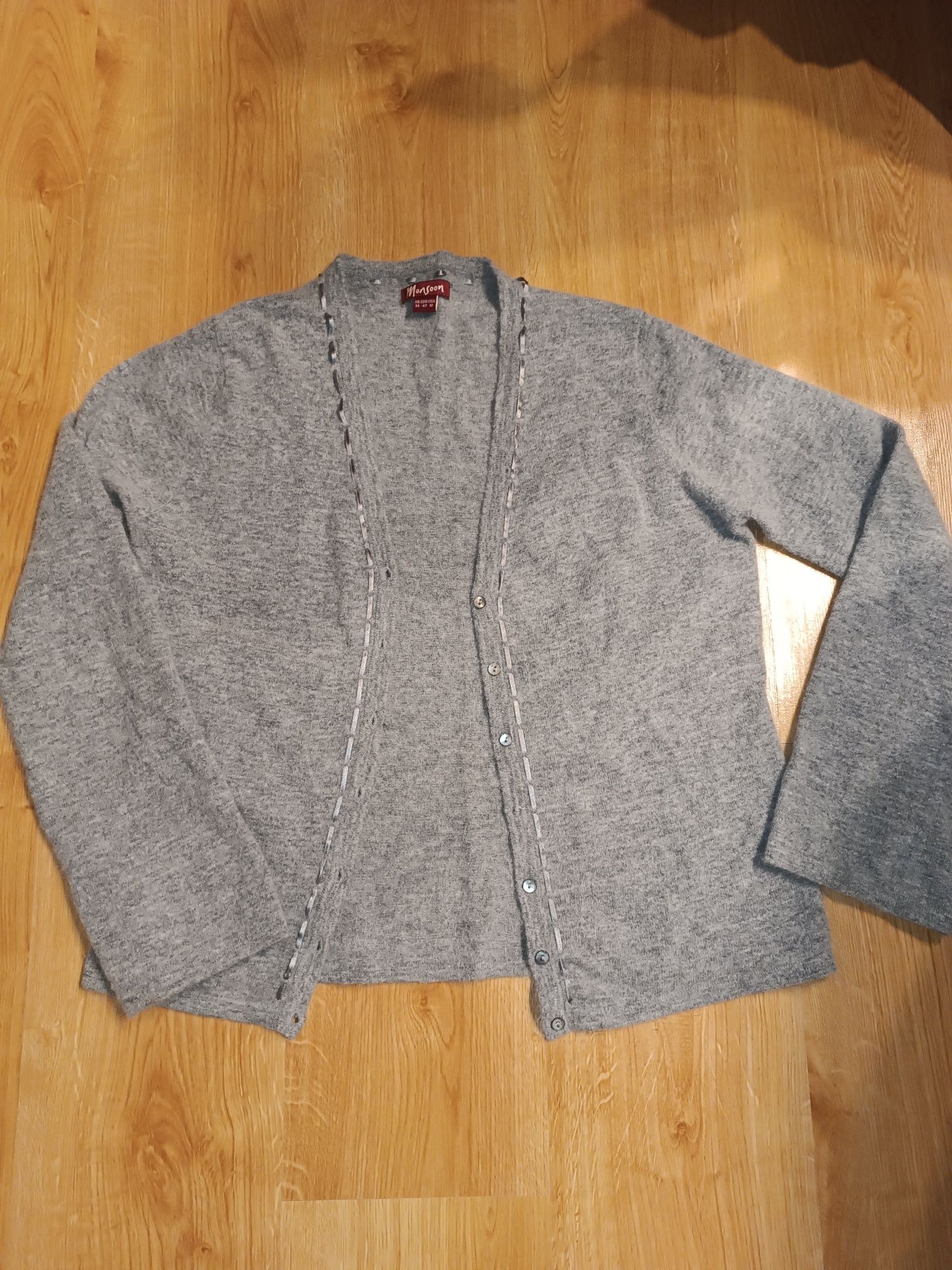 Szary sweterek rozpinany Monsoon 14 XL 42 owcza Wełna angora