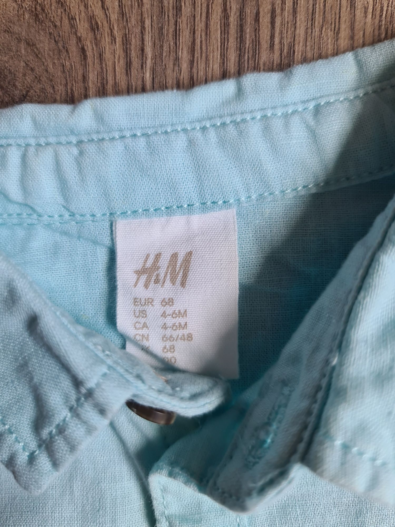 Miętowa koszula lniana dla chłopca podwijane rekawy H&M Rozmiar 68 cm