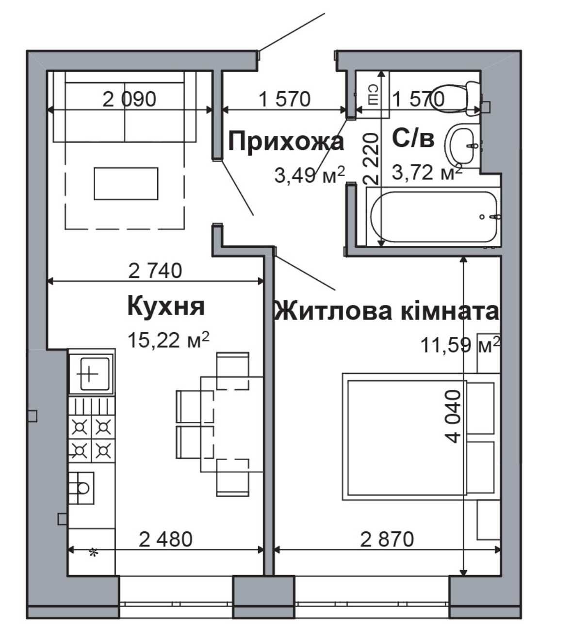 Продаж 1-к. квартира 34 м.кв.  ГАТНЕ ЖК Рідний 2