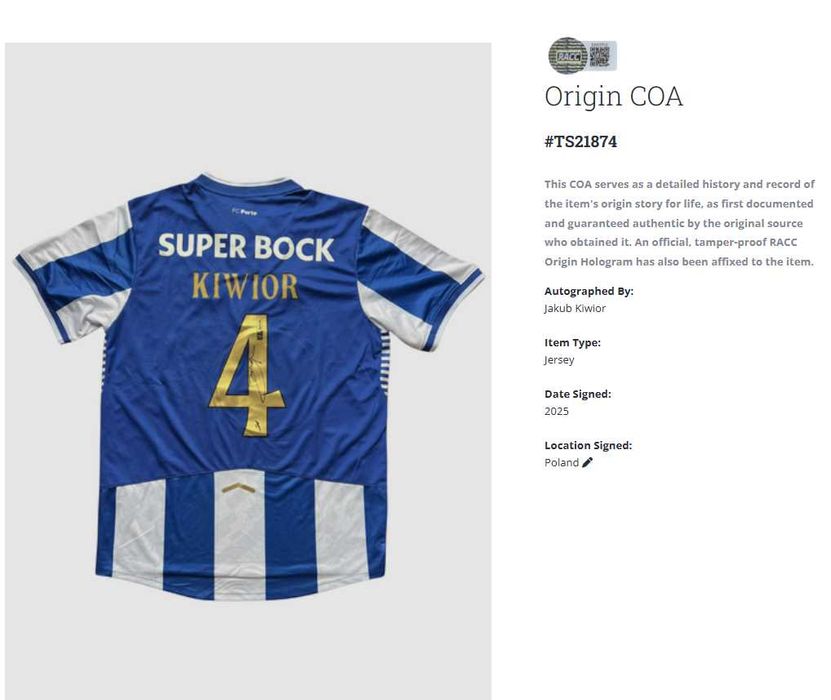 Jakub Kiwior Arsenal FC Porto koszulka z autografem + certyfikat aut.
