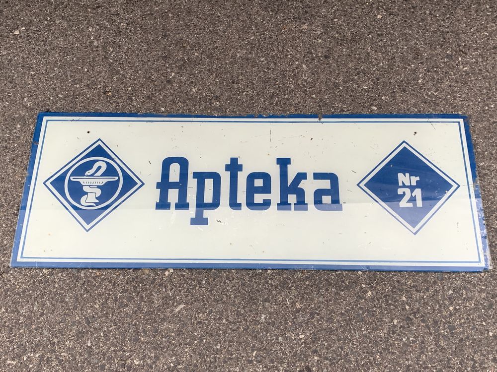 Oryginalny szklany szyld Apteka PRL