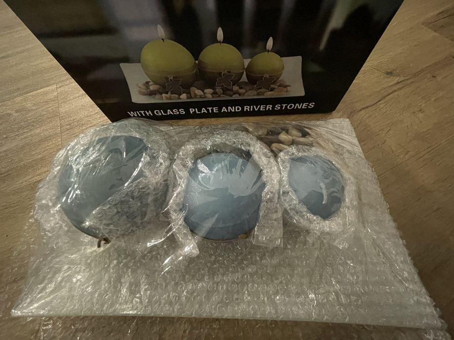 Set de 3 velas com prato em cor azul