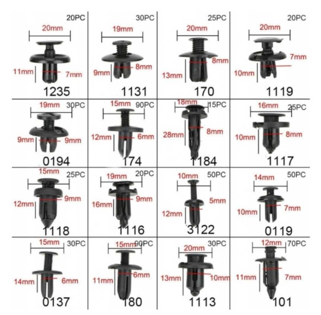 Zestaw 16 rodzajów spinek i klipsów do samochodu 625 el. ściągacze