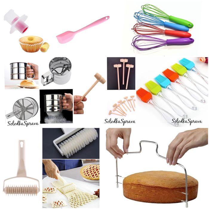Силіконова лопатка, пензлик, струна для бісквіта, віночок, сито, валик