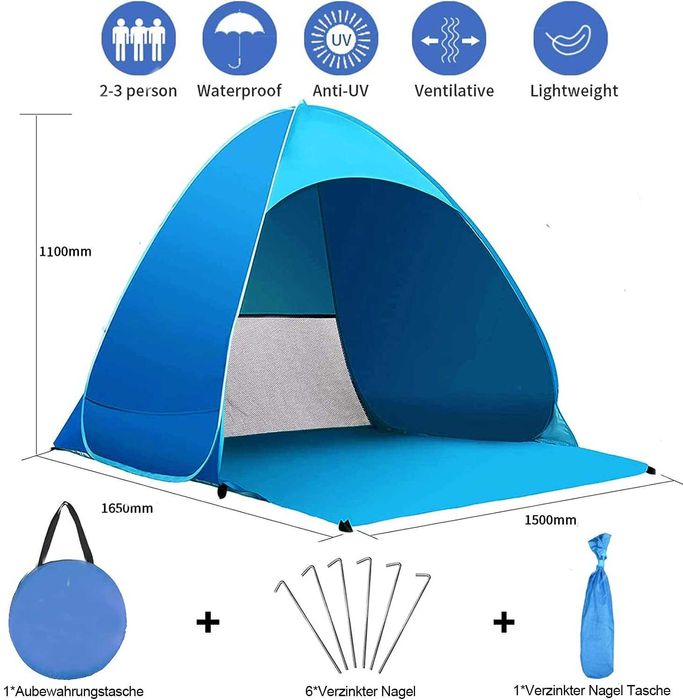 Tenda de praia para 1-3 pessoas (165 x 150 x 110) cm- NOVA