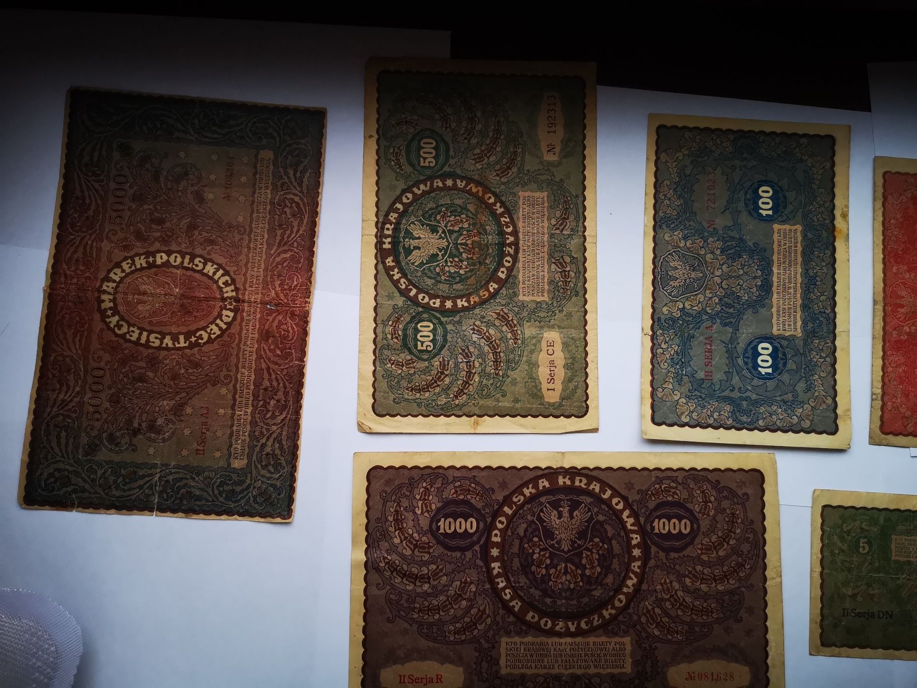 Kolekcja 1919 banknoty 1000 marek 100 marek 1/2 marki 10 marek 5000